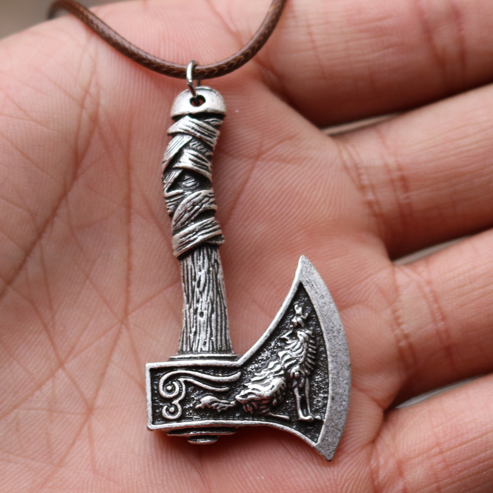 Viking Pirate Celtic Wolf Crow Double-Sided Axe Pendant Men's Necklace - Norse Legacy Collection