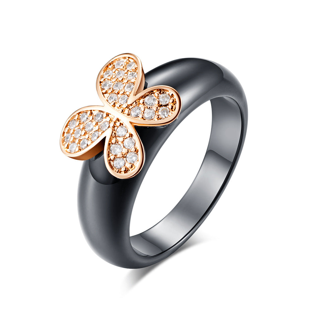 Ceramic Zircon Ring – Elegant Rose Gold Decorative Women's – Five-Pointed Star