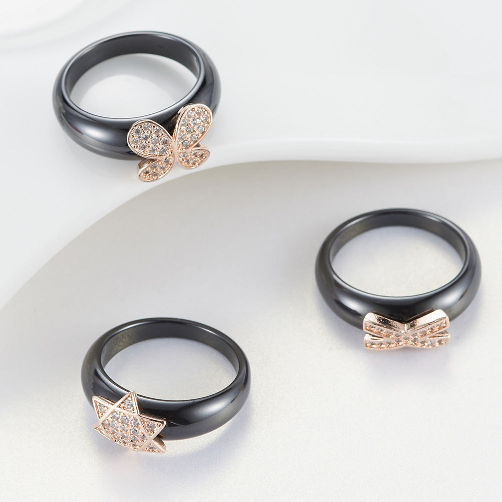 Ceramic Zircon Ring – Elegant Rose Gold Decorative Women's – Five-Pointed Star