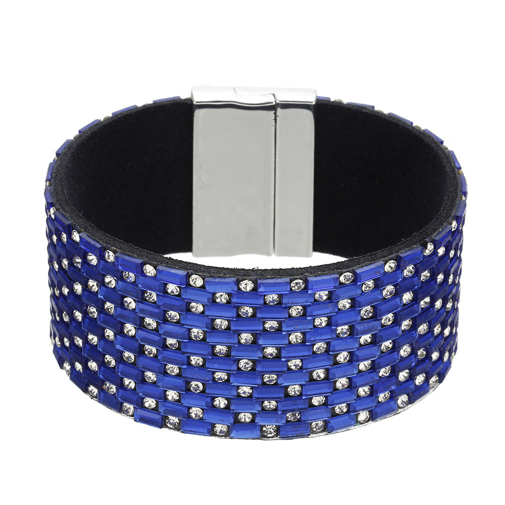 Wish Cross Border Rhinestone Leather Bracelet with Magnetic Buckle - Elegant European and American Style Bracelet for Women