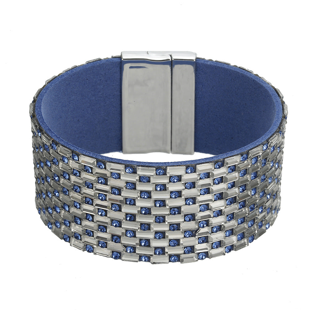 Wish Cross Border Rhinestone Leather Bracelet with Magnetic Buckle - Elegant European and American Style Bracelet for Women