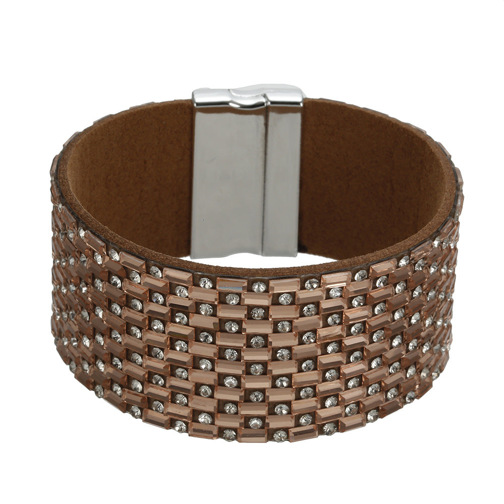 Wish Cross Border Rhinestone Leather Bracelet with Magnetic Buckle - Elegant European and American Style Bracelet for Women