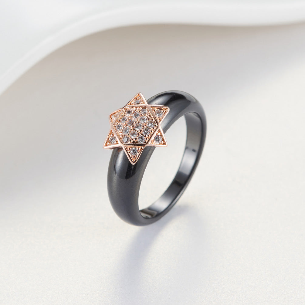 Ceramic Zircon Ring – Elegant Rose Gold Decorative Women's – Five-Pointed Star