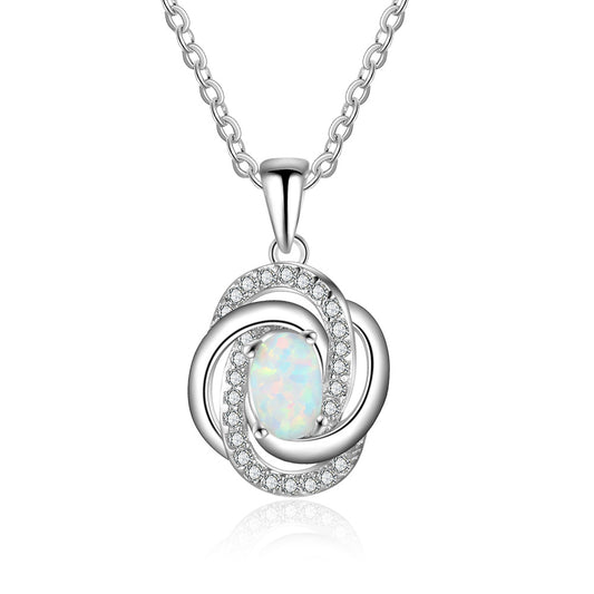 Zircon Spiral Design Oval Opal Sterling Silver Necklace