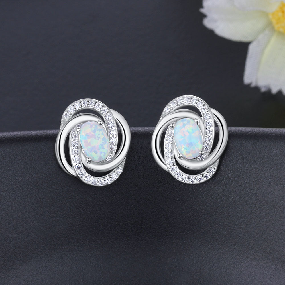 Zircon Spiral Design Oval Opal Sterling Silver Stud Earrings