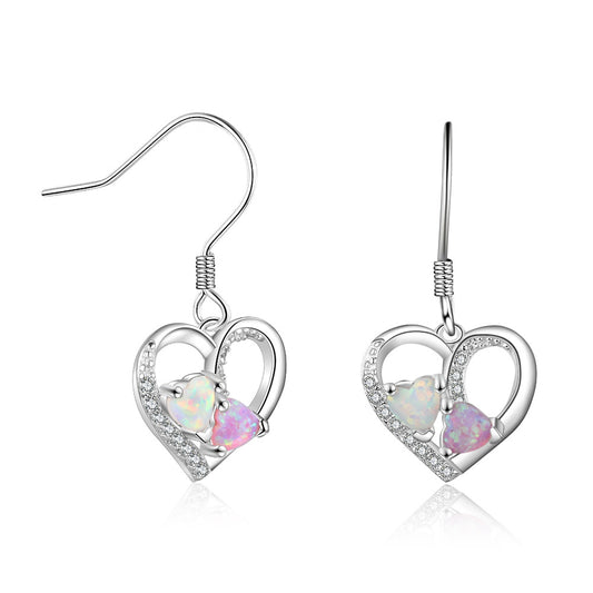 Zircon Heart Pendant Pink and White Heart Shape Opal Sterling Silver Hook Earrings