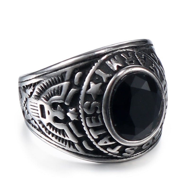 Personalized Retro Military Ring for Men - Double Eagle Design in Titanium Steel with Black Zircon Accents