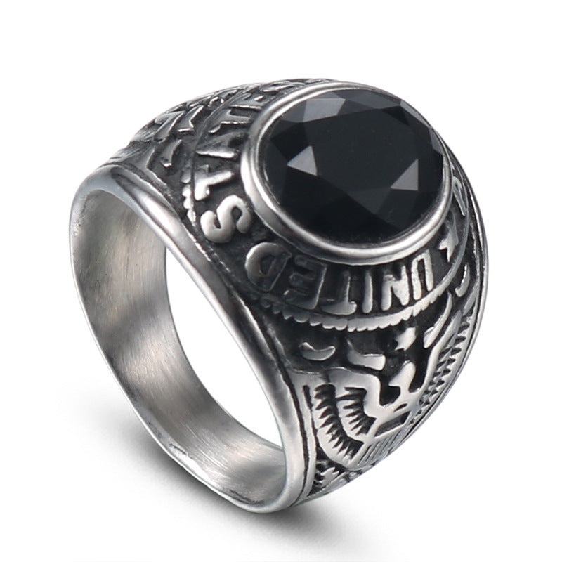 Personalized Retro Military Ring for Men - Double Eagle Design in Titanium Steel with Black Zircon Accents