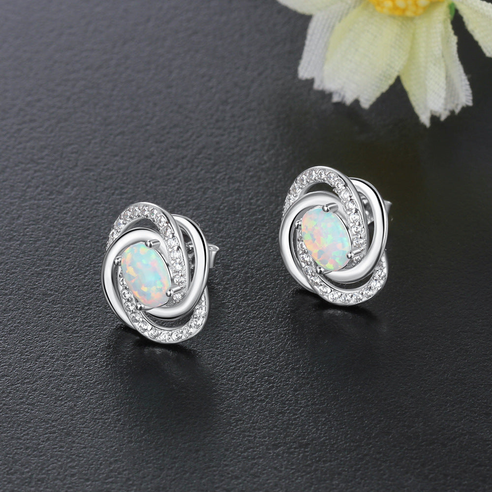 Zircon Spiral Design Oval Opal Sterling Silver Stud Earrings