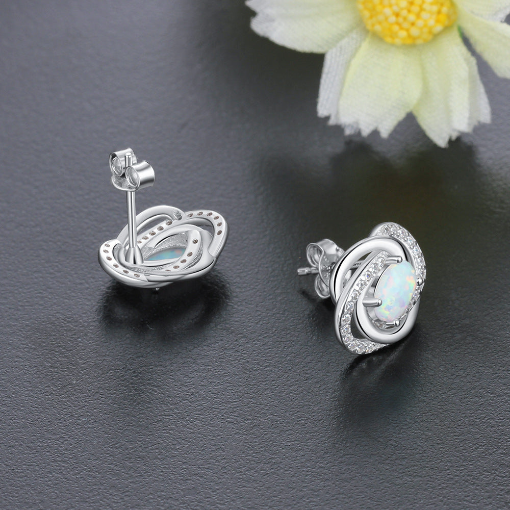 Zircon Spiral Design Oval Opal Sterling Silver Stud Earrings