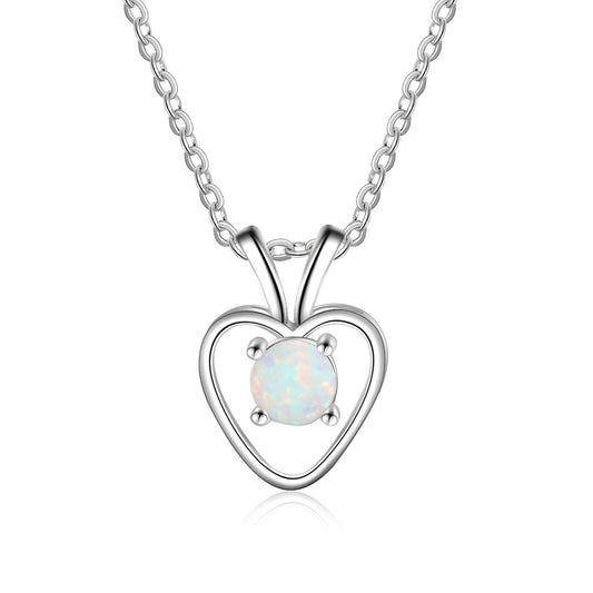 Round Opal Hollow Out Heart Shape Sterling Silver Necklace