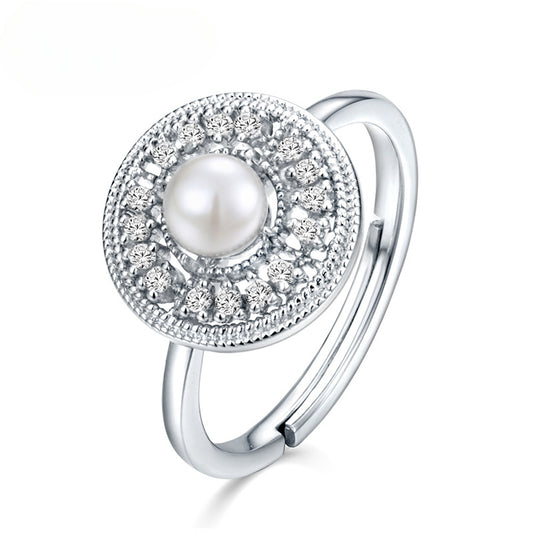Zircon Disc Round Natural Freshwater Pearl Opening Sterling Silver Ring