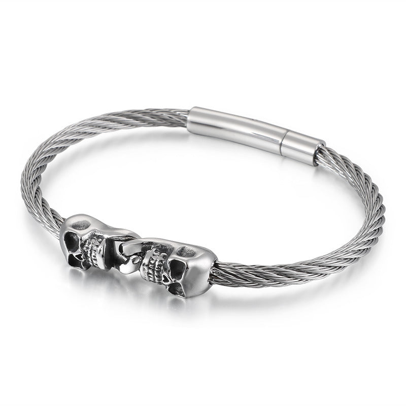 Skull Titanium Steel Bracelet – Gothic Double Skull Steel Wire Bracelet