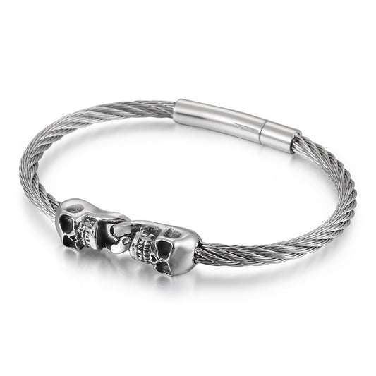 Skull Titanium Steel Bracelet – Gothic Double Skull Steel Wire Bracelet