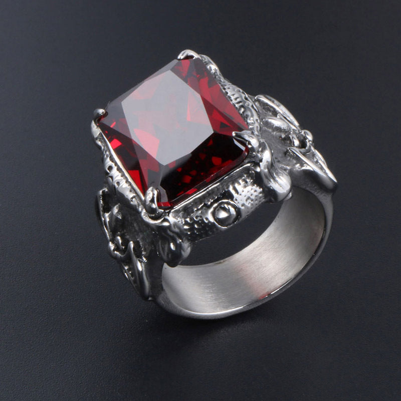 Titanium Steel Domineering Ring for Men with Red Zircon Inlay - European and American Fashion Jewelry