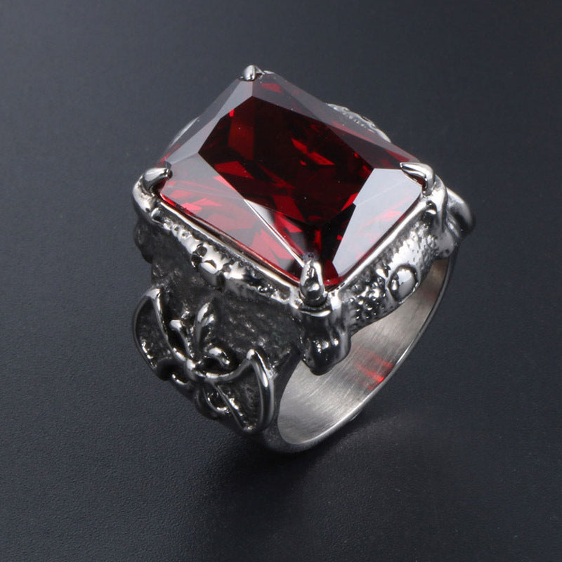 Titanium Steel Domineering Ring for Men with Red Zircon Inlay - European and American Fashion Jewelry