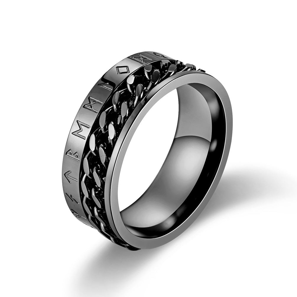 Stainless Steel Viking Text Chain Ring for Men in 18K Gold