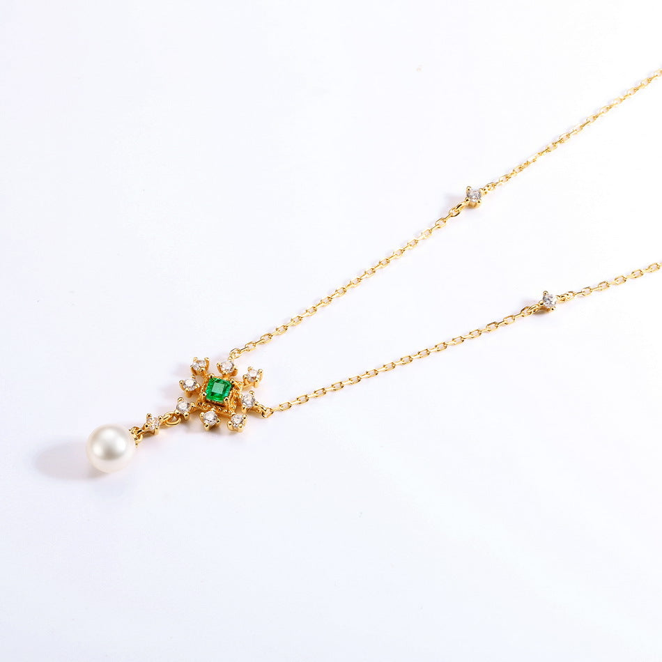 Square Emerald Zircon Snowflake Pearl Tassel Sterling Silver Necklace