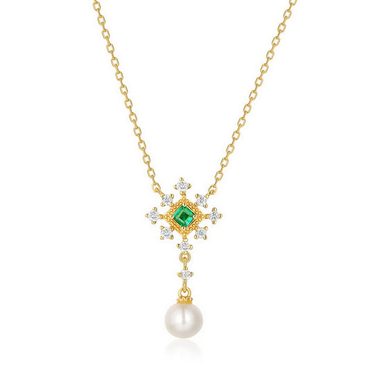 Square Emerald Zircon Snowflake Pearl Tassel Sterling Silver Necklace