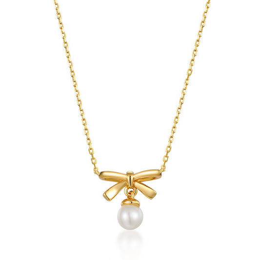 Polished Bowknot Round Pearl Sterling Silver Necklace