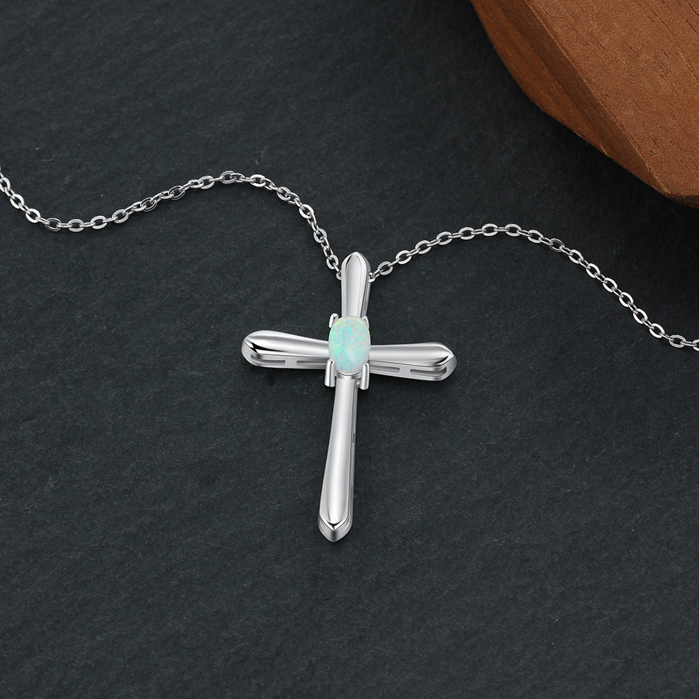 Oval Opal Cross Sterling Silver Necklace