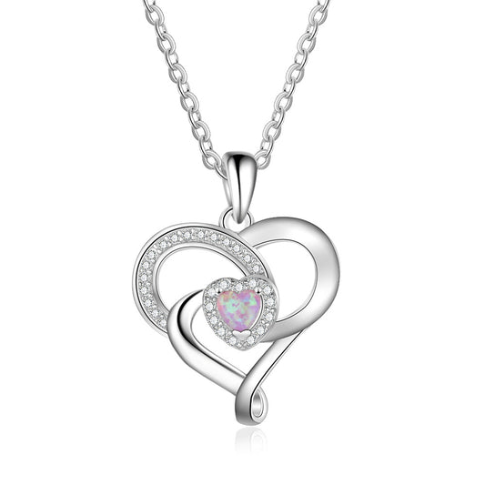 Spiral Heart Pendant with Pink Heart Shape Opal Zircon Sterling Silver Necklace