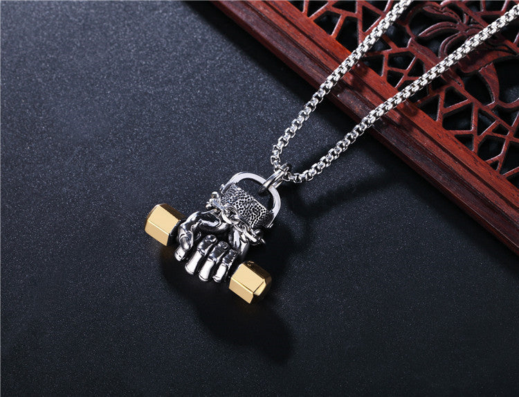 Gym Dumbbell Pendant Necklace Unisex Titanium Steel Durable Fitness Jewelry Planderful Protection Statement