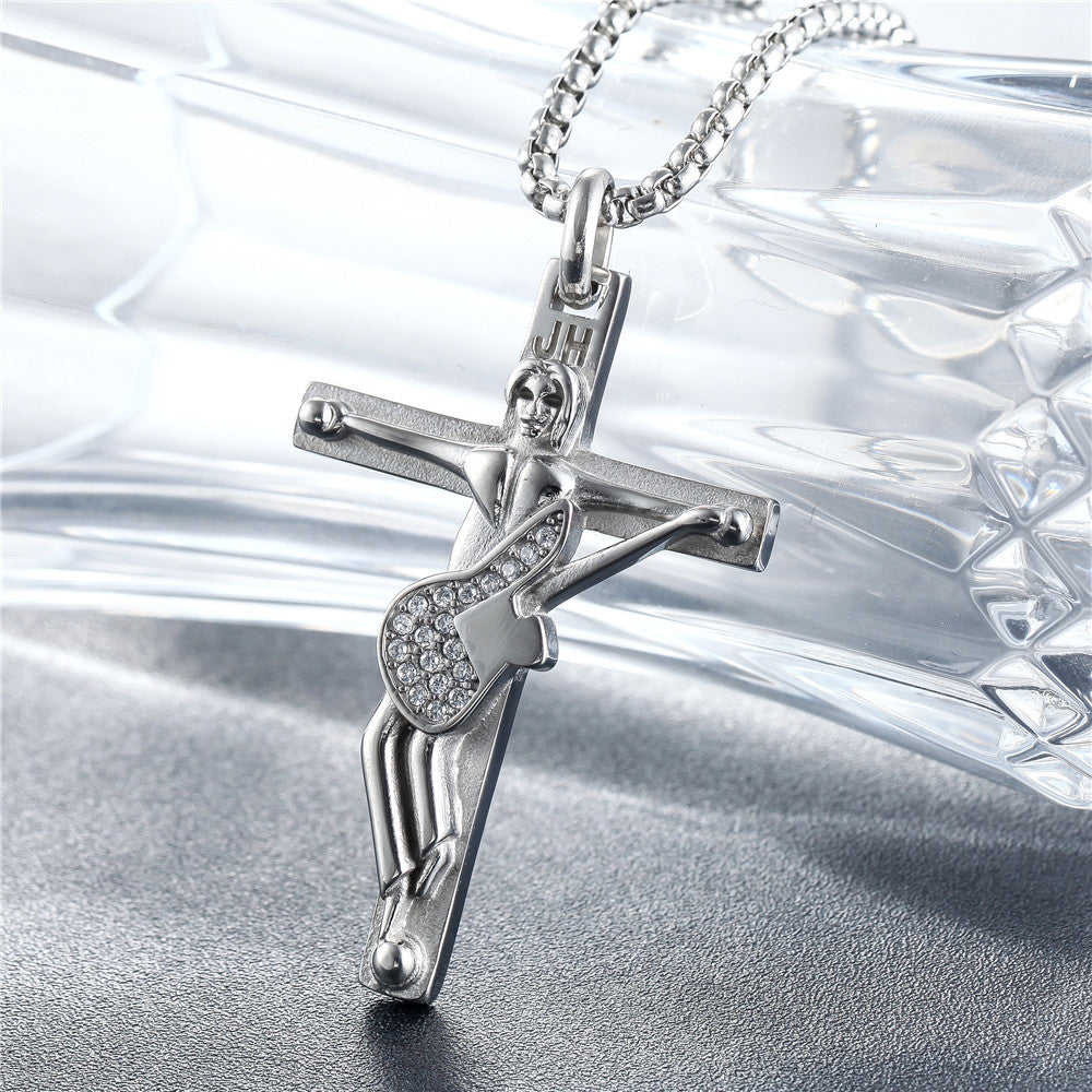 Rock Guitarist Crucifix Zircon Titanium Steel Necklace for Men