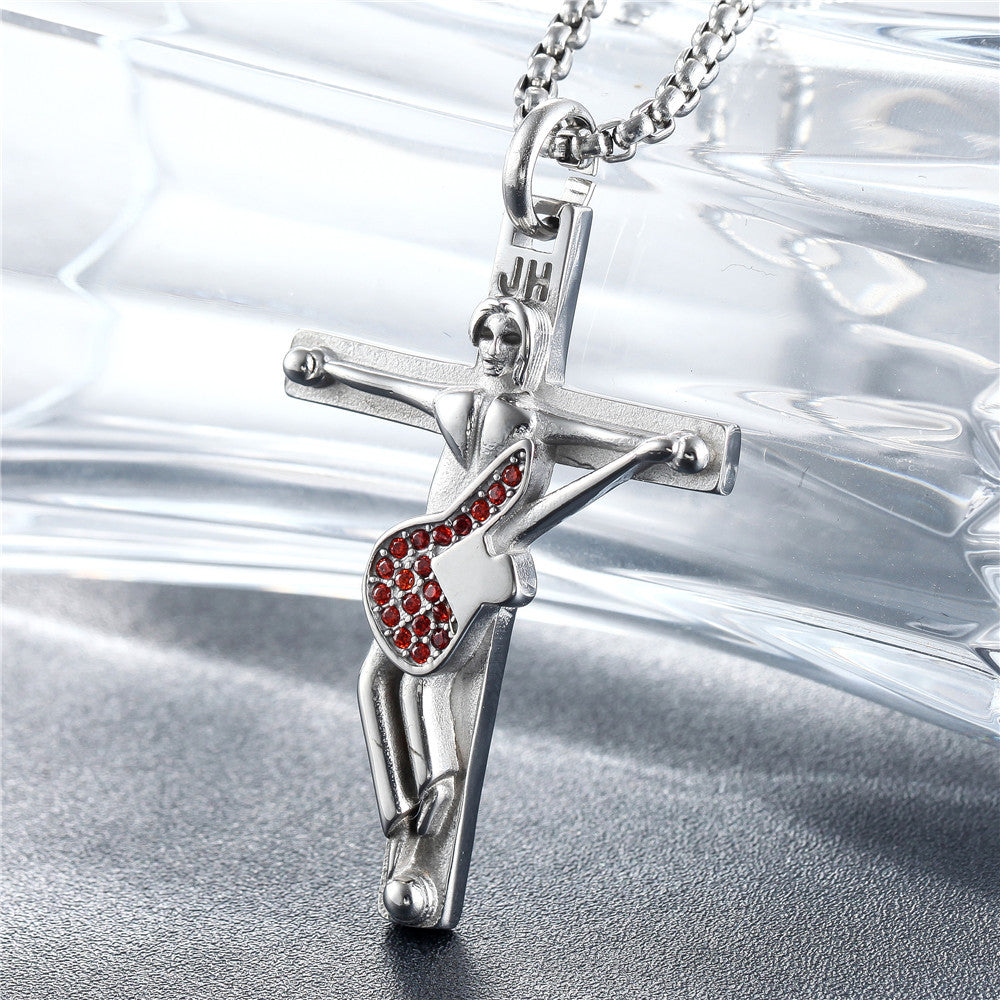 Rock Guitarist Crucifix Zircon Titanium Steel Necklace for Men