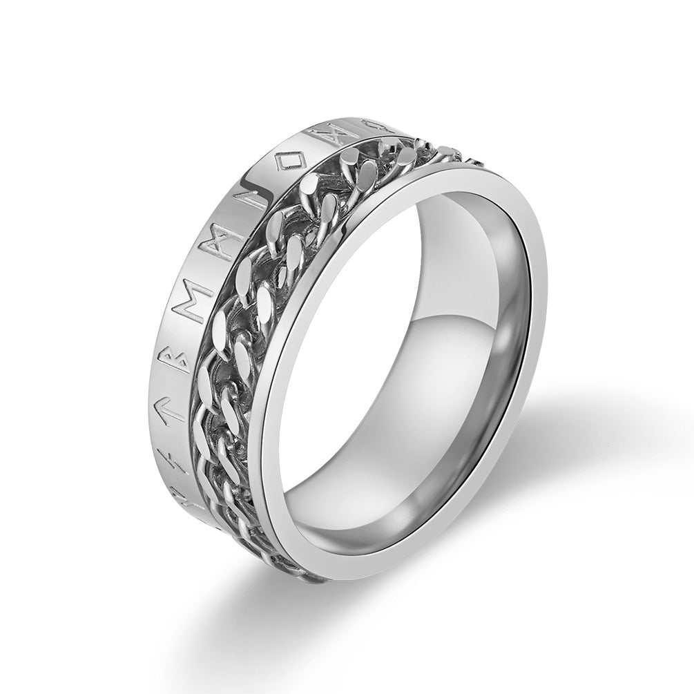 Titanium Steel Ring – Vintage Viking Text Chain Rotatable