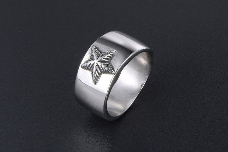 Smooth Wide Plate Pentagram Titanium Steel Ring for Men