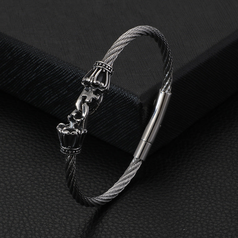 Skull Titanium Steel Bracelet – Gothic Double Skull Steel Wire Bracelet