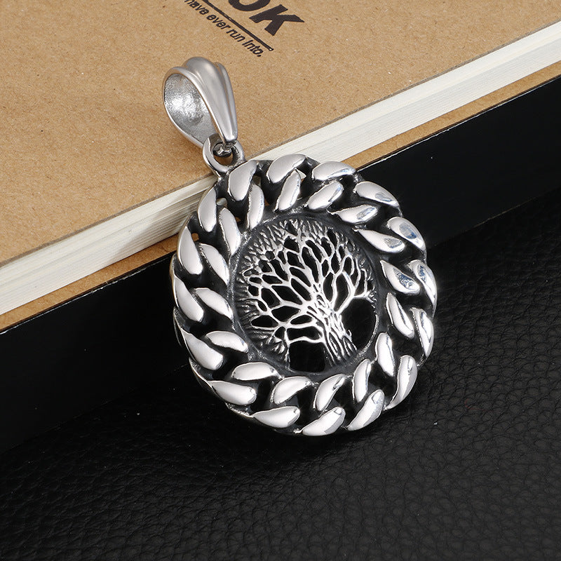 Tree of Life Titanium Steel Pendant for Men - Retro Round Design