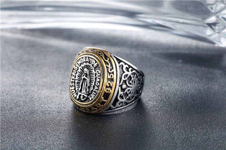 Planderful Virgin Vintage Titanium Steel Ring Unisex Protection Jewelry for Faithful Everyday Wear