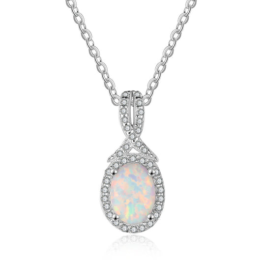 Oval Opal Soleste Halo Zircon Sterling Silver Necklace