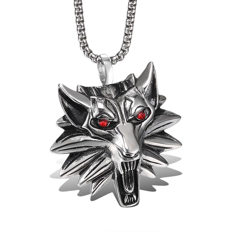 Titanium Steel Wolf Head Pendant with Wizard Red Eyes - Dominating Men's Jewelry