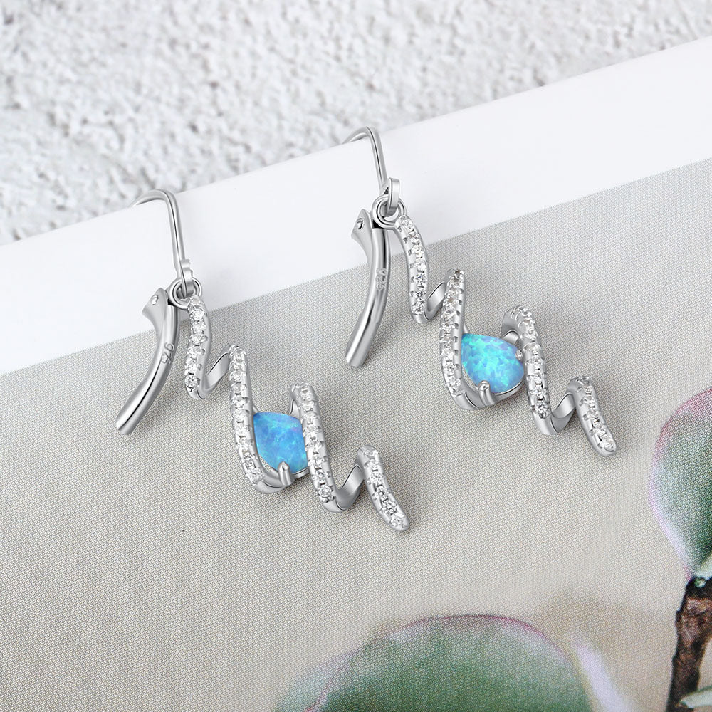Pear Shape Blue Opal Zircon Wavy Pendant Sterling Silver Hoop Earrings