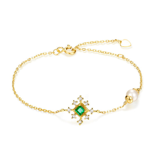 Square Emerald Zircon Snowflake Pearl Sterling Silver Bracelet