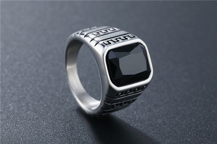 Planderful Titanium Steel Ring With Black Agate Great Wall Pattern Unisex Statement Jewelry Bold Protection