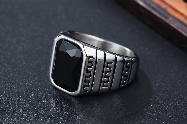 Planderful Titanium Steel Ring With Black Agate Great Wall Pattern Unisex Statement Jewelry Bold Protection