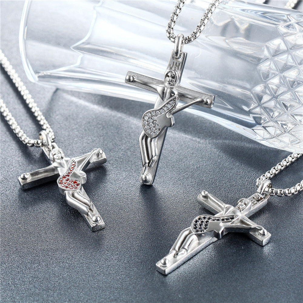 Rock Guitarist Crucifix Zircon Titanium Steel Necklace for Men