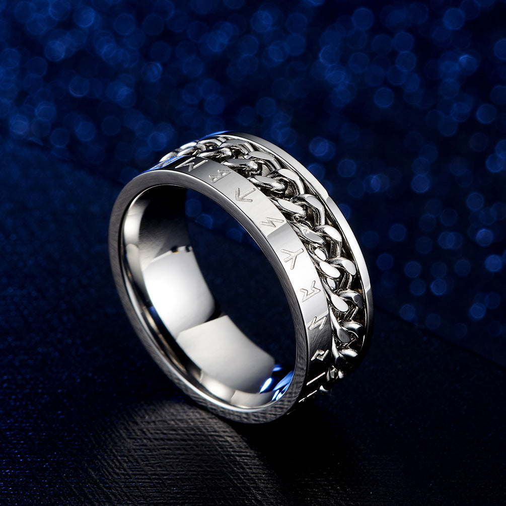 Titanium Steel Ring – Vintage Viking Text Chain Rotatable