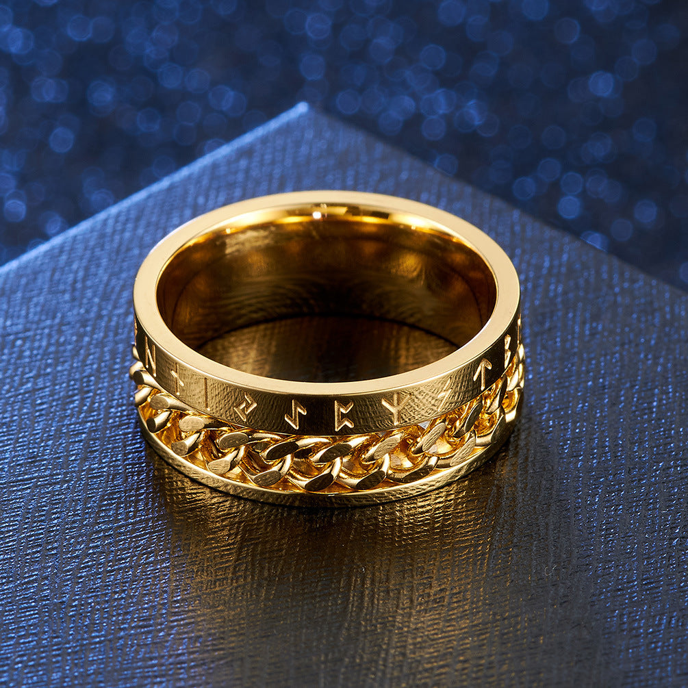 Titanium Steel Ring – Vintage Viking Text Chain Rotatable