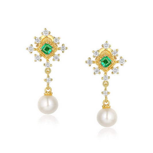 Square Emerald Zircon Snowflake Pearl Sterling Silver Drop Earrings