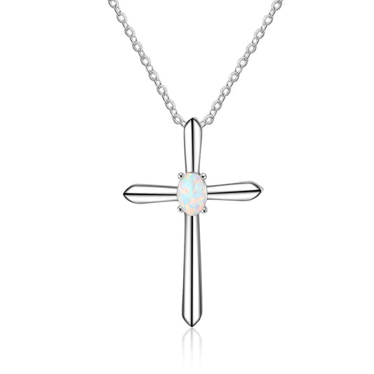 Oval Opal Cross Sterling Silver Necklace