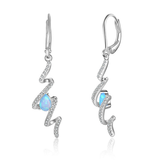 Pear Shape Blue Opal Zircon Wavy Pendant Sterling Silver Hoop Earrings