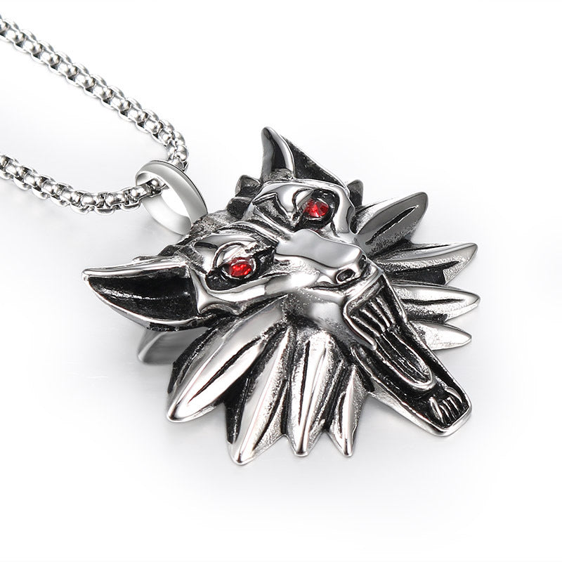 Titanium Steel Wolf Head Pendant with Wizard Red Eyes - Dominating Men's Jewelry