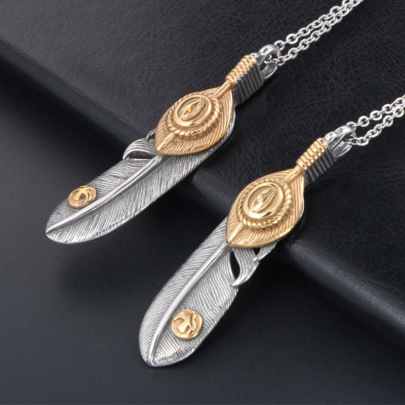Retro Titanium Steel Feather Pendant Necklace for Men and Women - Simple Fashion Hipster Design from Japan and Korea