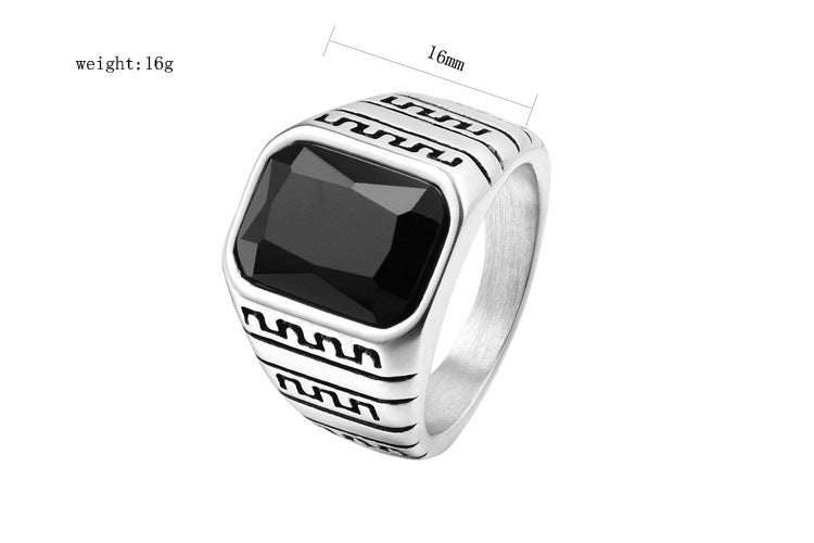 Planderful Titanium Steel Ring With Black Agate Great Wall Pattern Unisex Statement Jewelry Bold Protection
