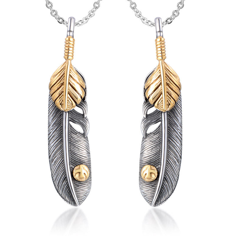 Trendy Vintage Gold Dot Eagle Feather Couple Pendant Necklace for Men and Women